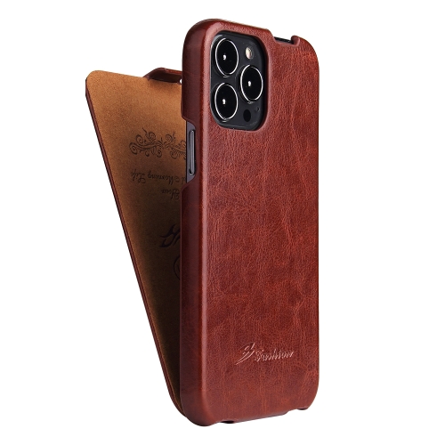 Fierre Shann Retro Oil Wax Texture Vertical Flip PU Leather Case For iPhone 13 Pro Max(Brown)