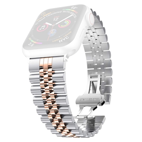 

Women Five Beads Stainless Steel Replacement Watchband Width: 20mm For Apple Watch Series 7 45mm / 6 & SE & 5 & 4 44mm / 3 & 2 & 1 42mm(Silver + Rose Gold)