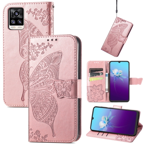 

Butterfly Love Flowers Embossed Horizontal Flip Leather Case with Holder & Card Slots & Wallet & Lanyard For vivo V20 2021(Rose Gold)