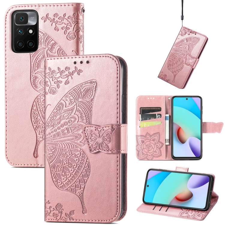 

Butterfly Love Flowers Embossed Horizontal Flip Leather Case with Holder & Card Slots & Wallet & Lanyard For Xiaomi Redmi 10(Rose Gold)