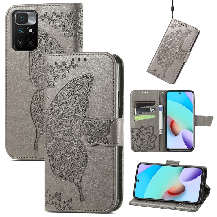 

Butterfly Love Flowers Embossed Horizontal Flip Leather Case with Holder & Card Slots & Wallet & Lanyard For Xiaomi Redmi 10(Gray)