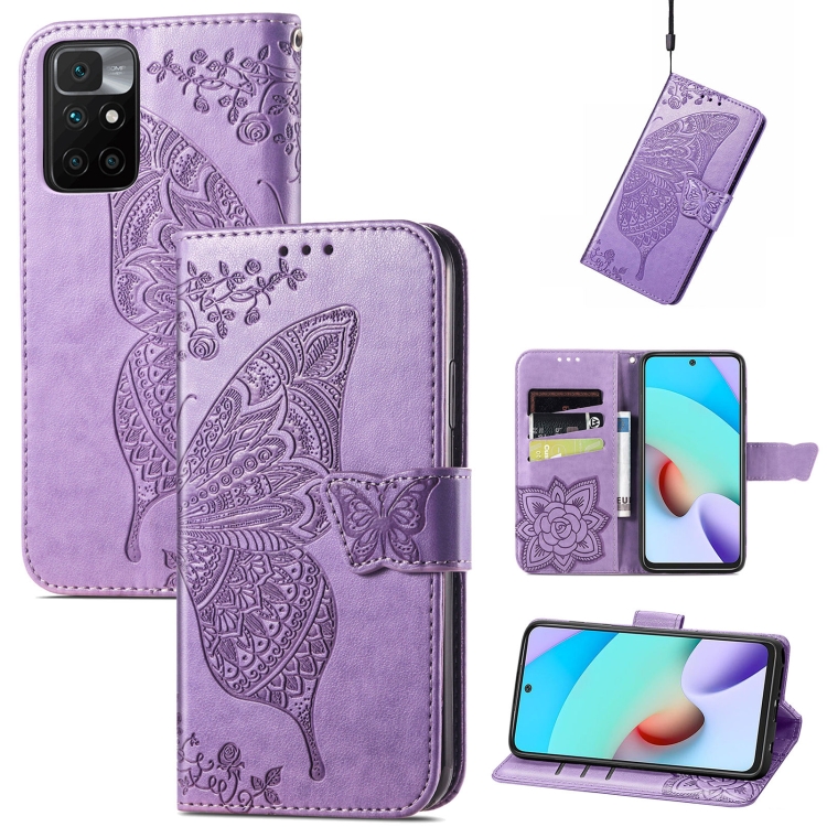 

Butterfly Love Flowers Embossed Horizontal Flip Leather Case with Holder & Card Slots & Wallet & Lanyard For Xiaomi Redmi 10(Light Purple)