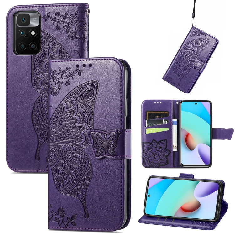 

Butterfly Love Flowers Embossed Horizontal Flip Leather Case with Holder & Card Slots & Wallet & Lanyard For Xiaomi Redmi 10(Dark Purple)
