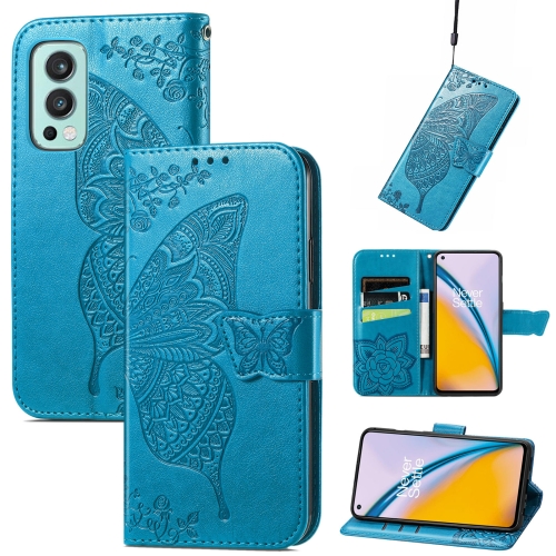 

Butterfly Love Flowers Embossed Horizontal Flip Leather Case with Holder & Card Slots & Wallet & Lanyard For OnePlus Nord 2 5G(Blue)