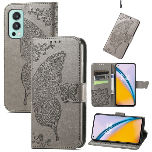 

Butterfly Love Flowers Embossed Horizontal Flip Leather Case with Holder & Card Slots & Wallet & Lanyard For OnePlus Nord 2 5G(Gray)