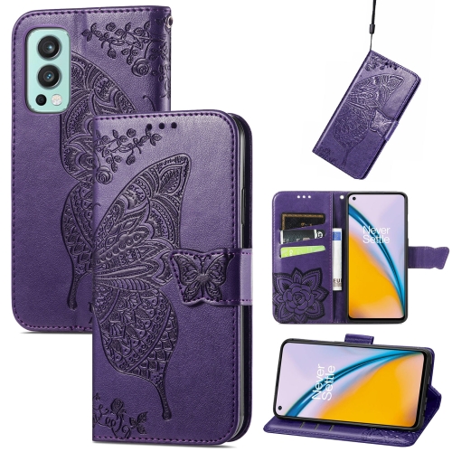 

Butterfly Love Flowers Embossed Horizontal Flip Leather Case with Holder & Card Slots & Wallet & Lanyard For OnePlus Nord 2 5G(Dark Purple)