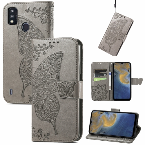 

Butterfly Love Flowers Embossed Horizontal Flip Leather Case with Holder & Card Slots & Wallet & Lanyard For ZTE Blade A51(Gray)