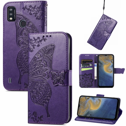 

Butterfly Love Flowers Embossed Horizontal Flip Leather Case with Holder & Card Slots & Wallet & Lanyard For ZTE Blade A51(Dark Purple)
