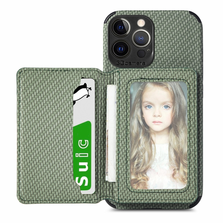 

Carbon Fiber Magnetic Card Bag TPU+PU Shockproof Back Cover Case with Holder & Card Slot & Photo Frame For iPhone 13 Pro(Green)