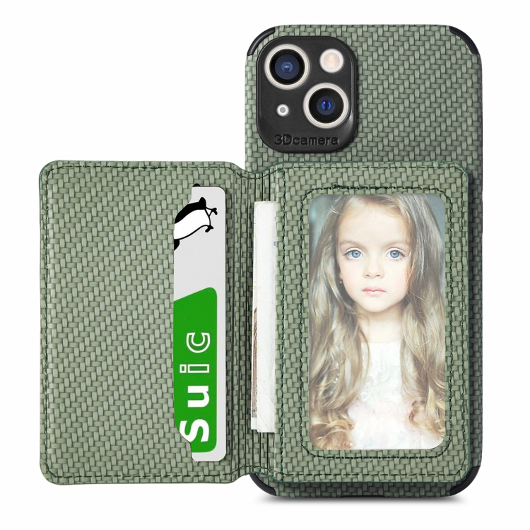 

Carbon Fiber Magnetic Card Bag TPU+PU Shockproof Back Cover Case with Holder & Card Slot & Photo Frame For iPhone 13(Green)
