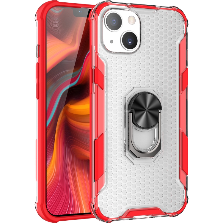 

Honeycomb PC + TPU Shockproof Case with Ring Holder For iPhone 13(Red)