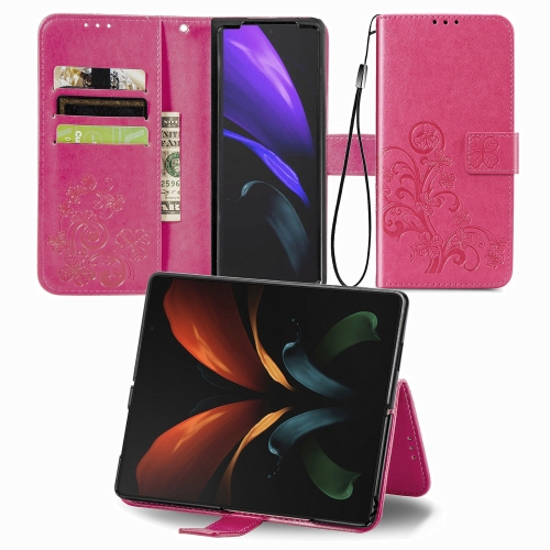 

For Samsung Galaxy Z Fold3 5G Four-leaf Clasp Embossed Buckle Mobile Phone Protection Leather Case with Lanyard & Card Slot & Wallet & Bracket Function(Rose Red)