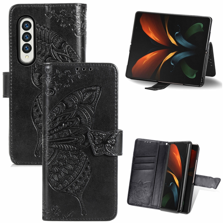 

For Samsung Galaxy Z Fold3 5G Butterfly Love Flowers Embossed Horizontal Flip Leather Case with Holder & Card Slots & Wallet & Lanyard(Black)