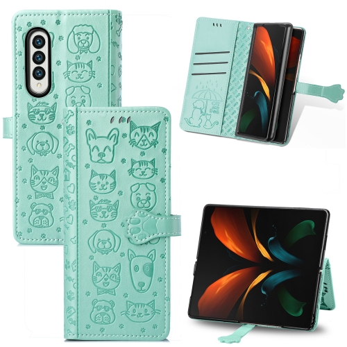 

For Samsung Galaxy Z Fold3 5G Lovely Cat and Dog Embossing Pattern Horizontal Flip Leather Case , with Holder & Card Slots & Wallet(Green)