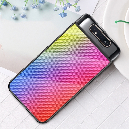 

For Samsung Galaxy A80 Gradient Carbon Fiber Texture TPU Border Tempered Glass Case(Colorful Fiber)