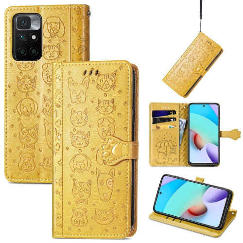 

For Xiaomi Redmi 10 Lovely Cat and Dog Embossing Pattern Horizontal Flip Leather Case , with Holder & Card Slots & Wallet & Cartoon Clasp & Lanyard(Yellow)