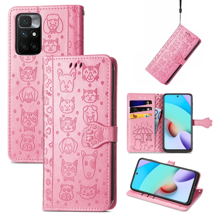 

For Xiaomi Redmi 10 Lovely Cat and Dog Embossing Pattern Horizontal Flip Leather Case , with Holder & Card Slots & Wallet & Cartoon Clasp & Lanyard(Pink)