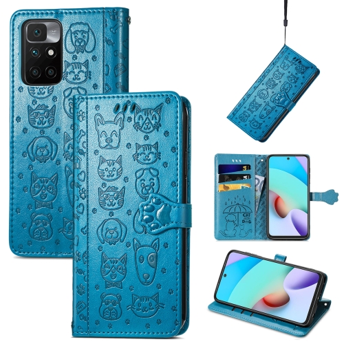 

For Xiaomi Redmi 10 Lovely Cat and Dog Embossing Pattern Horizontal Flip Leather Case , with Holder & Card Slots & Wallet & Cartoon Clasp & Lanyard(Blue)