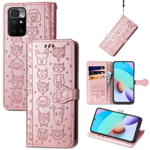 

For Xiaomi Redmi 10 Lovely Cat and Dog Embossing Pattern Horizontal Flip Leather Case , with Holder & Card Slots & Wallet & Cartoon Clasp & Lanyard(Rose Gold)