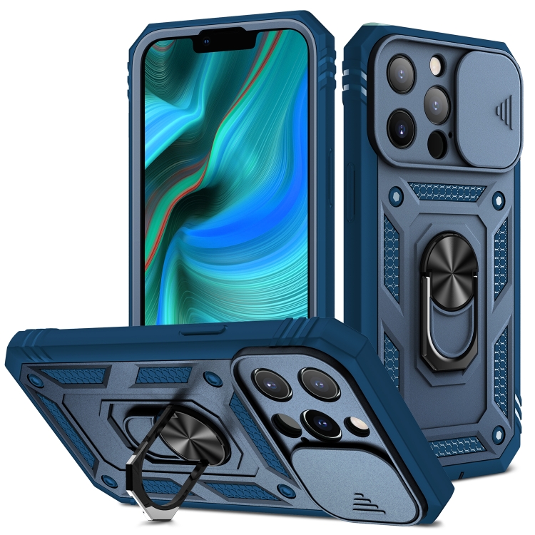 

Sliding Camera Cover Design TPU + PC Protective Case with 360 Degree Rotating Holder & Card Slot For iPhone 13 Pro Max(Blue+Blue)