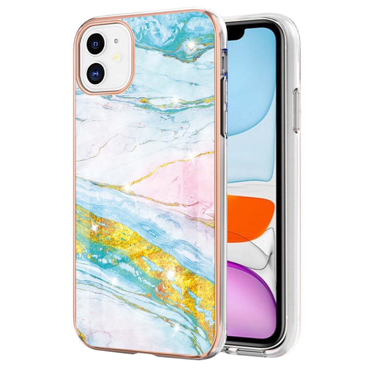 

For iPhone 11 Electroplating Marble Pattern Dual-side IMD TPU Shockproof Case (Green 004)