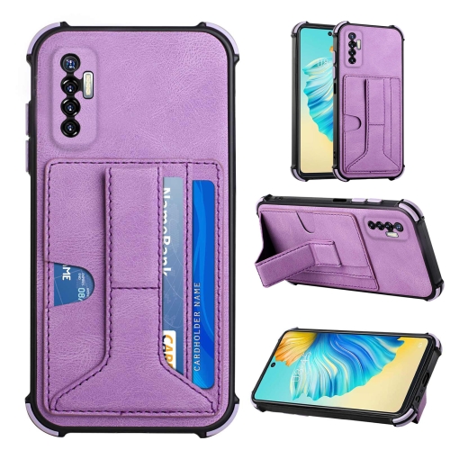 

For Tecno Camon 17P Dream PU + TPU Four-corner Shockproof Back Cover Case with Card Slots & Holder(Purple)