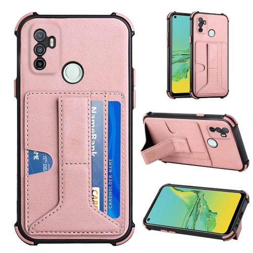 

For OPPO A53 / A33 2020 / A32 Dream PU + TPU Four-corner Shockproof Back Cover Case with Card Slots & Holder(Rose Gold)