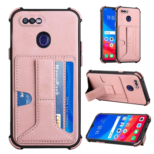 

For OPPO F9 / A7x Dream PU + TPU Four-corner Shockproof Back Cover Case with Card Slots & Holder(Rose Gold)