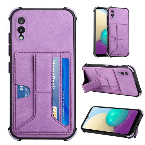 

For Samsung Galaxy A02 EU Version / M02 Dream PU + TPU Four-corner Shockproof Back Cover Case with Card Slots & Holder(Purple)