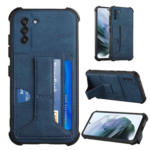 

For Samsung Galaxy S21 FE Dream PU + TPU Four-corner Shockproof Back Cover Case with Card Slots & Holder(Blue)