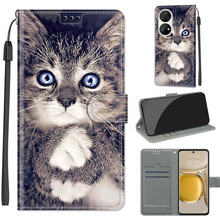 

Voltage Coloured Drawing Magnetic Clasp Horizontal Flip PU Leather Case with Holder & Card Slots For Huawei P50 Pro(C02 Fork Hand White Claw Cat)