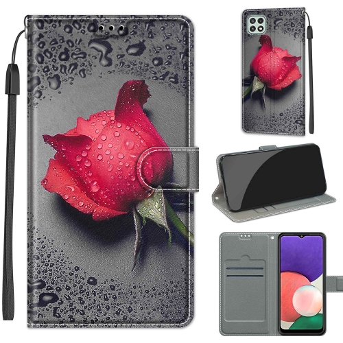 

Voltage Coloured Drawing Magnetic Clasp Horizontal Flip PU Leather Case with Holder & Card Slots For Samsung Galaxy A22 5G(C14 Black Water Drop Rose)