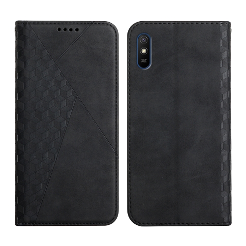 

For Xiaomi Redmi 9A Diamond Pattern Splicing Skin Feel Magnetic Horizontal Flip Leather Case with Card Slots & Holder & Wallet(Black)