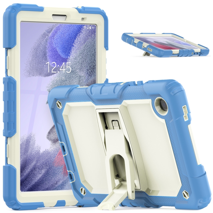 

Shockproof Colorful Silica Gel + PC Protective Case with Holder & Shoulder Strap For Samsung Galaxy A7 Lite T220 / T225(Cyan Blue)