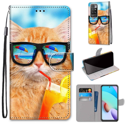 

For Xiaomi Redmi 10 Coloured Drawing Cross Texture Horizontal Flip PU Leather Case with Holder & Card Slots & Wallet & Lanyard(Cat Drinking Soda)