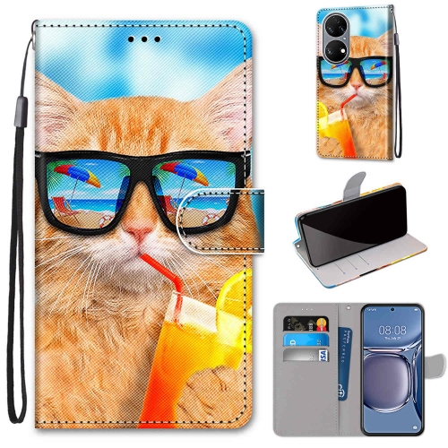 

For Huawei P50 Coloured Drawing Cross Texture Horizontal Flip PU Leather Case with Holder & Card Slots & Wallet & Lanyard(Cat Drinking Soda)
