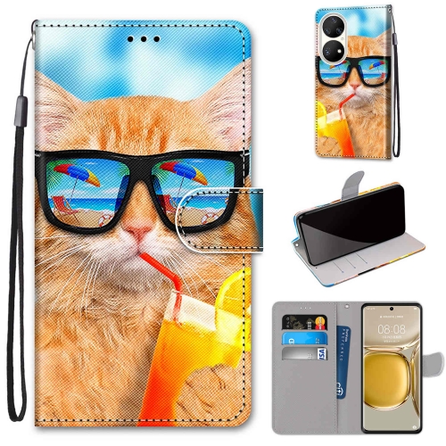 

For Huawei P50 Pro Coloured Drawing Cross Texture Horizontal Flip PU Leather Case with Holder & Card Slots & Wallet & Lanyard(Cat Drinking Soda)