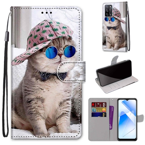 

For OPPO A54 4G / A16 4G / A53s 5G / A55 5G Coloured Drawing Cross Texture Horizontal Flip PU Leather Case with Holder & Card Slots & Wallet & Lanyard(Slant Hat Blue Mirror Cat)