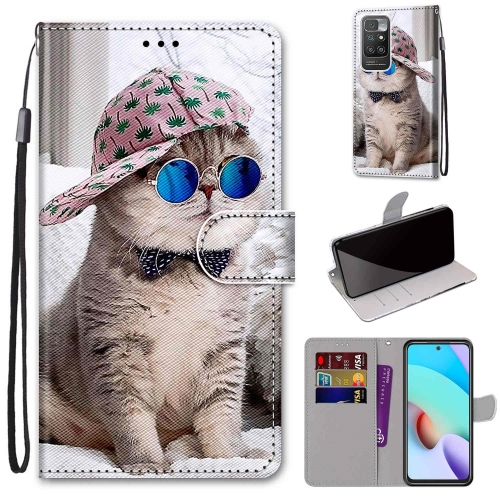 

For Xiaomi Redmi 10 Coloured Drawing Cross Texture Horizontal Flip PU Leather Case with Holder & Card Slots & Wallet & Lanyard(Slant Hat Blue Mirror Cat)