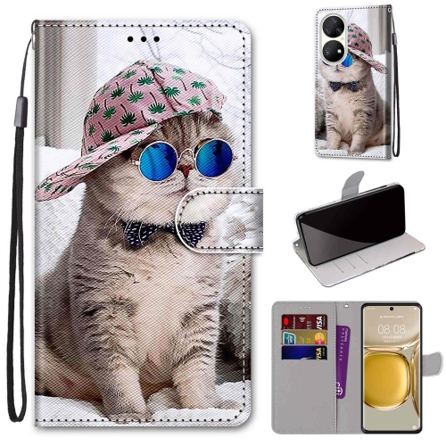 

For Huawei P50 Pro Coloured Drawing Cross Texture Horizontal Flip PU Leather Case with Holder & Card Slots & Wallet & Lanyard(Slant Hat Blue Mirror Cat)