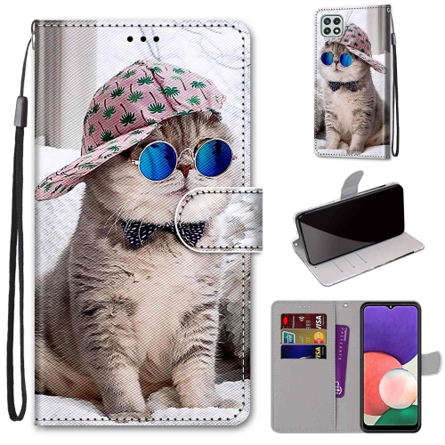 

For Samsung Galaxy A22 5G Coloured Drawing Cross Texture Horizontal Flip PU Leather Case with Holder & Card Slots & Wallet & Lanyard(Slant Hat Blue Mirror Cat)