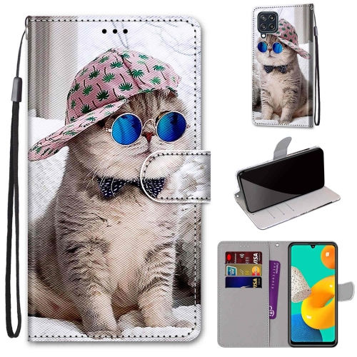

For Samsung Galaxy M32 4G / F22 Coloured Drawing Cross Texture Horizontal Flip PU Leather Case with Holder & Card Slots & Wallet & Lanyard(Slant Hat Blue Mirror Cat)