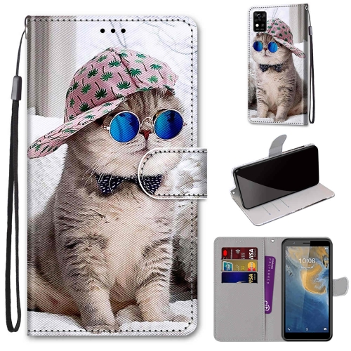 

For ZTE Blade A31 Coloured Drawing Cross Texture Horizontal Flip PU Leather Case with Holder & Card Slots & Wallet & Lanyard(Slant Hat Blue Mirror Cat)