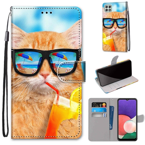 

For Samsung Galaxy A22 5G Coloured Drawing Cross Texture Horizontal Flip PU Leather Case with Holder & Card Slots & Wallet & Lanyard(Cat Drinking Soda)