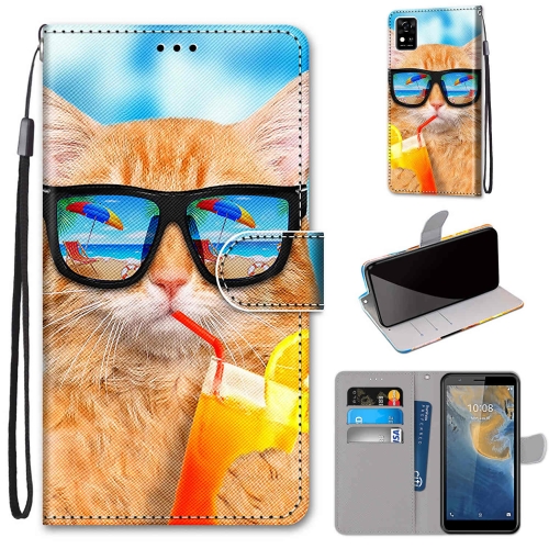 

For ZTE Blade A31 Coloured Drawing Cross Texture Horizontal Flip PU Leather Case with Holder & Card Slots & Wallet & Lanyard(Cat Drinking Soda)