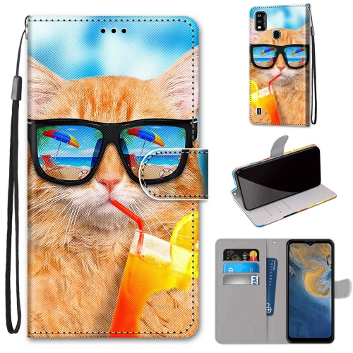 

For ZTE Blade A51 Coloured Drawing Cross Texture Horizontal Flip PU Leather Case with Holder & Card Slots & Wallet & Lanyard(Cat Drinking Soda)