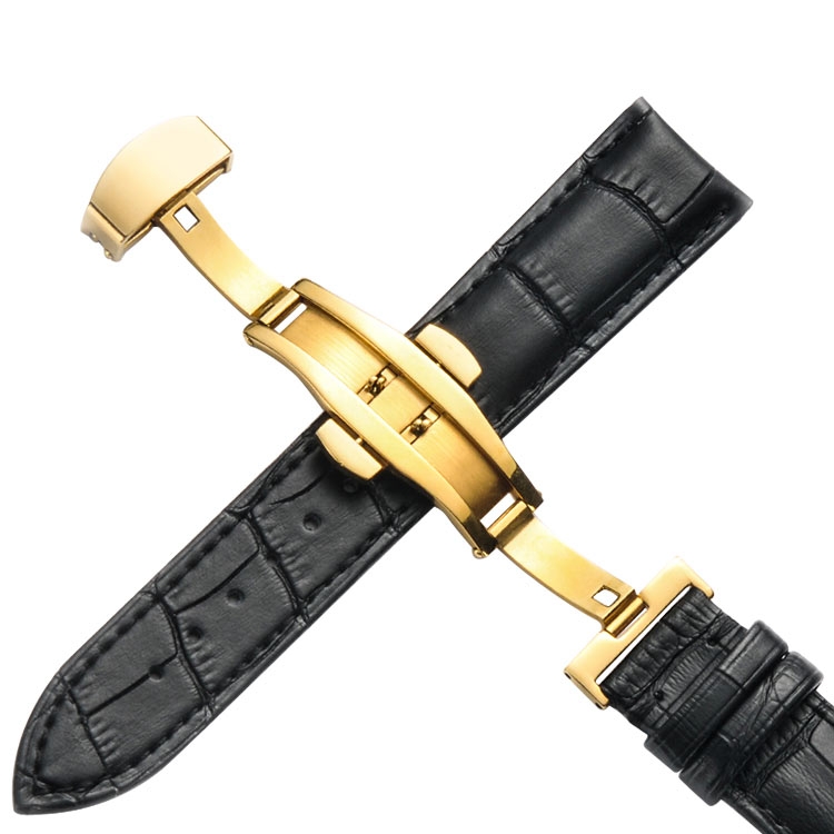 

22mm Classic Cowhide Leather Gold Butterfly Buckle Watch Band(Black)