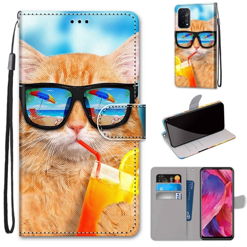 

For OPPO A54 5G / A74 5G / A93 5G / A93s 5G Coloured Drawing Cross Texture Horizontal Flip PU Leather Case with Holder & Card Slots & Wallet & Lanyard(Cat Drinking Soda)