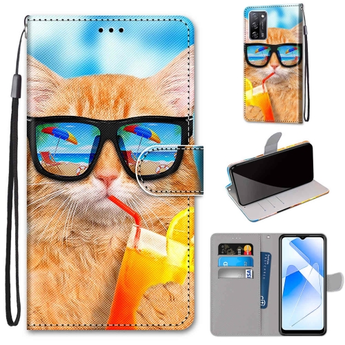 

For OPPO A55 5G / A54 4G / A53s 5G / A16 4G Coloured Drawing Cross Texture Horizontal Flip PU Leather Case with Holder & Card Slots & Wallet & Lanyard(Cat Drinking Soda)