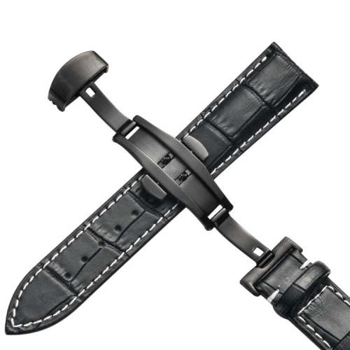 

22mm Classic Cowhide Leather Black Butterfly Buckle Replacement Strap Watchband(Black White Lines)